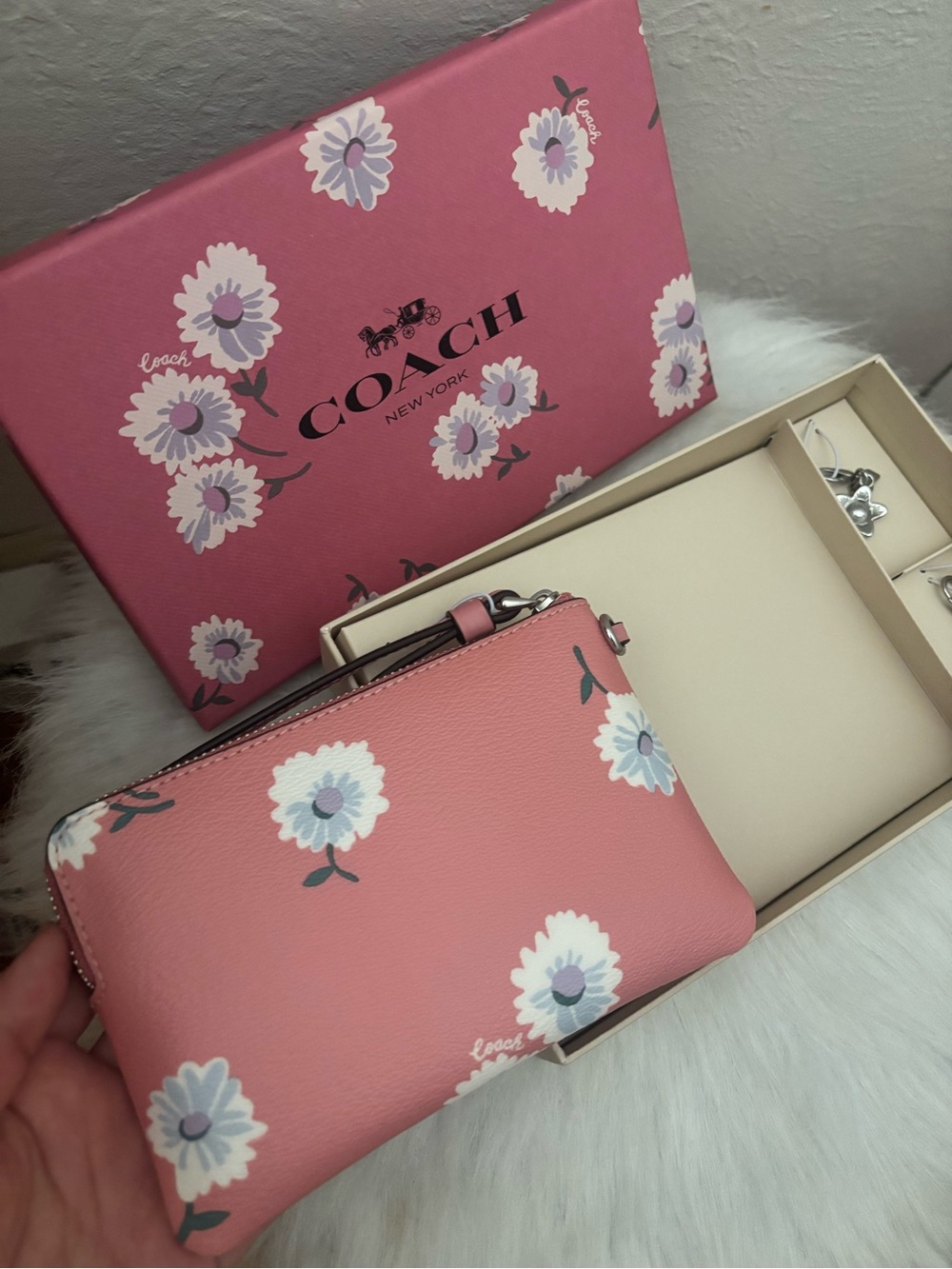 Coach Pink Daisy Floral Wristlet with Charm Set and Box - Picture 2 of 3